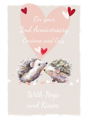 Hogs And Kisses Hedgehogs 2nd Anniversary Card