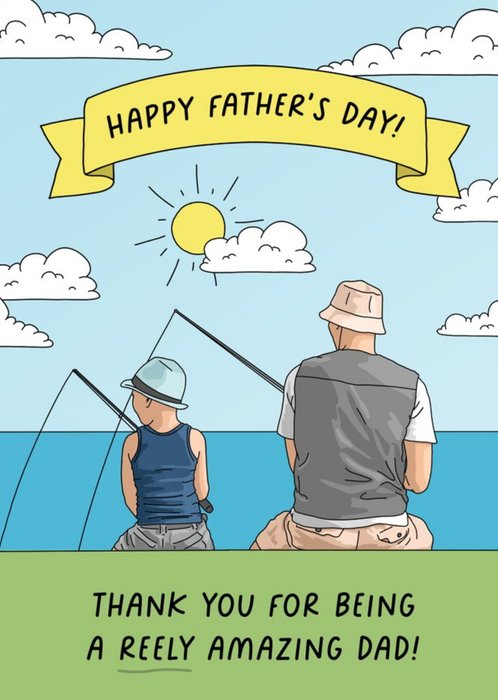 Funny Side Up Illustrated Fishing Colourful Dad Birthday Card