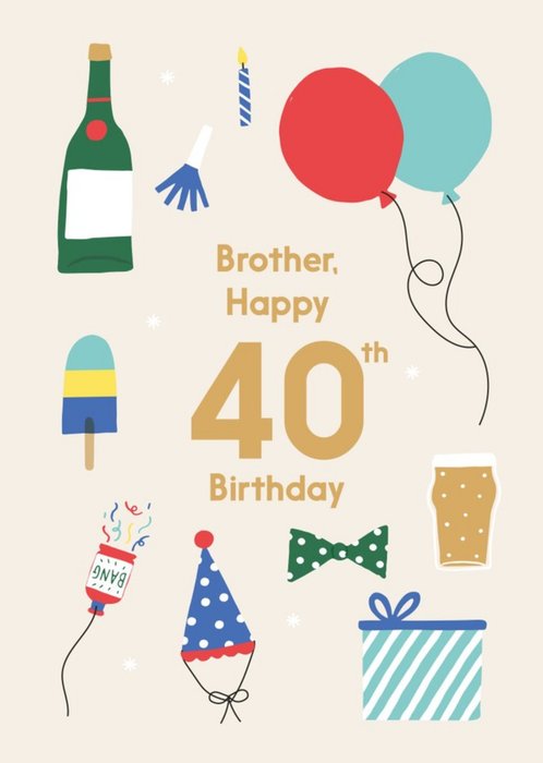 Illustrated Cute Party Balloons Brother Happy 40th Birthday Card