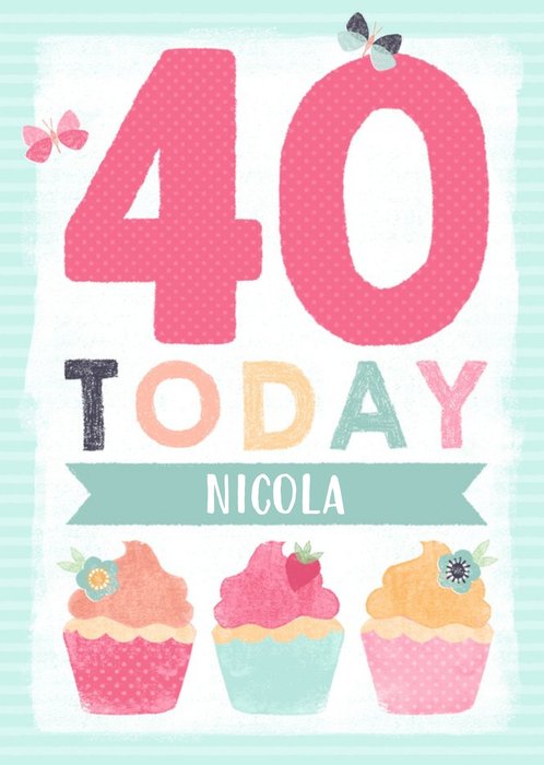 Colourful Cupcakes Happy 40Th Birthday Personalised Name Card