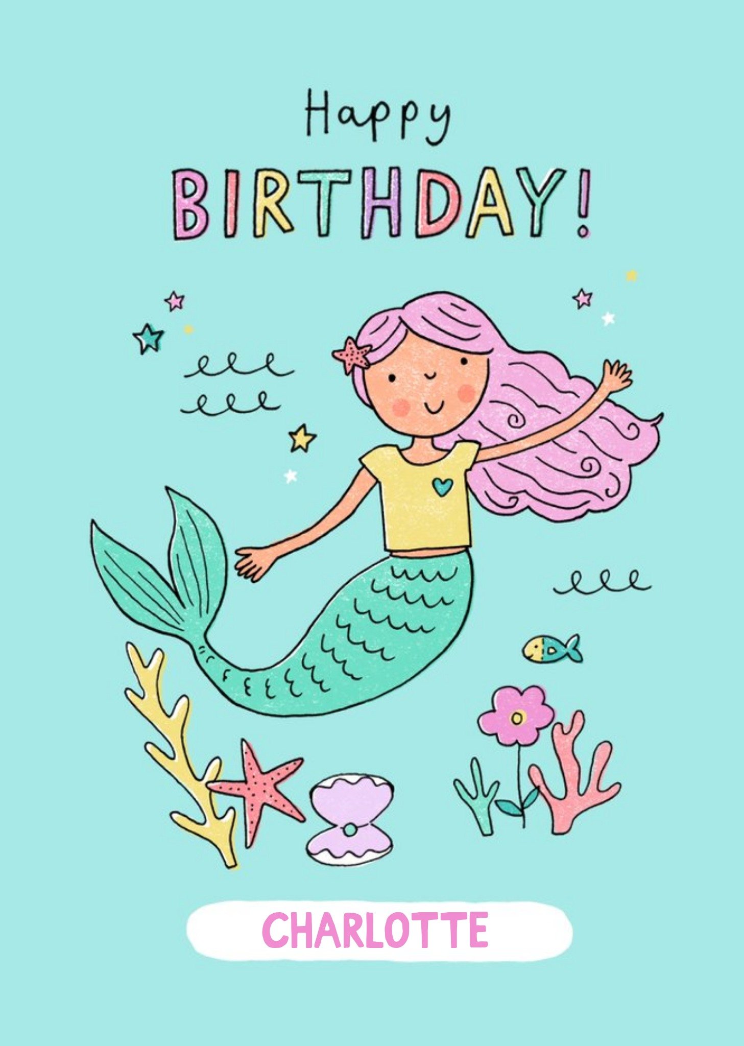 Moonpig Jenny Seddon Cute Illustrated Mermaid Customisable Birthday Card, Large