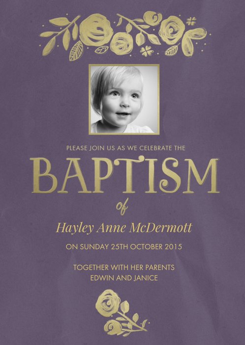 Plum And Metallic Gold Photo Upload And Personalised Baptism Card