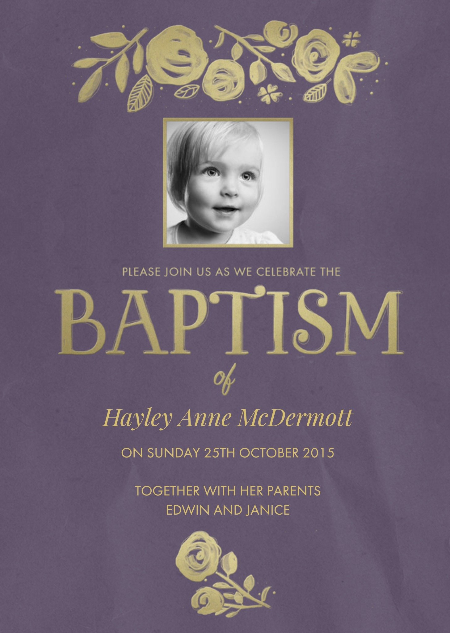 Moonpig Plum And Metallic Gold Photo Upload And Personalised Baptism Card Ecard