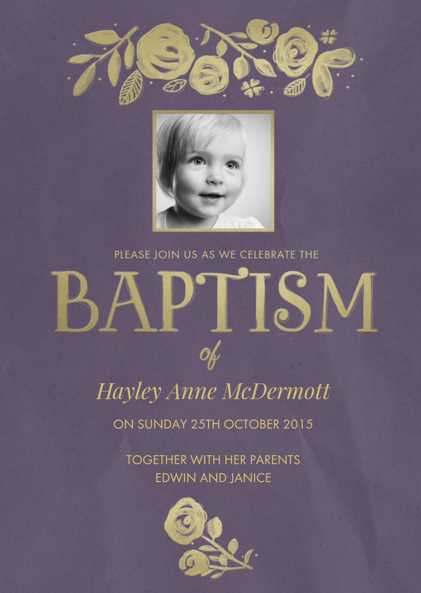 Plum And Metallic Gold Photo Upload And Personalised Baptism Card Ecard