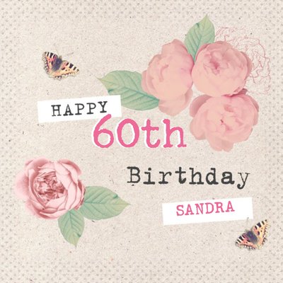 Cream And Pastel Pink Roses Personalised Happy 60th Birthday Card