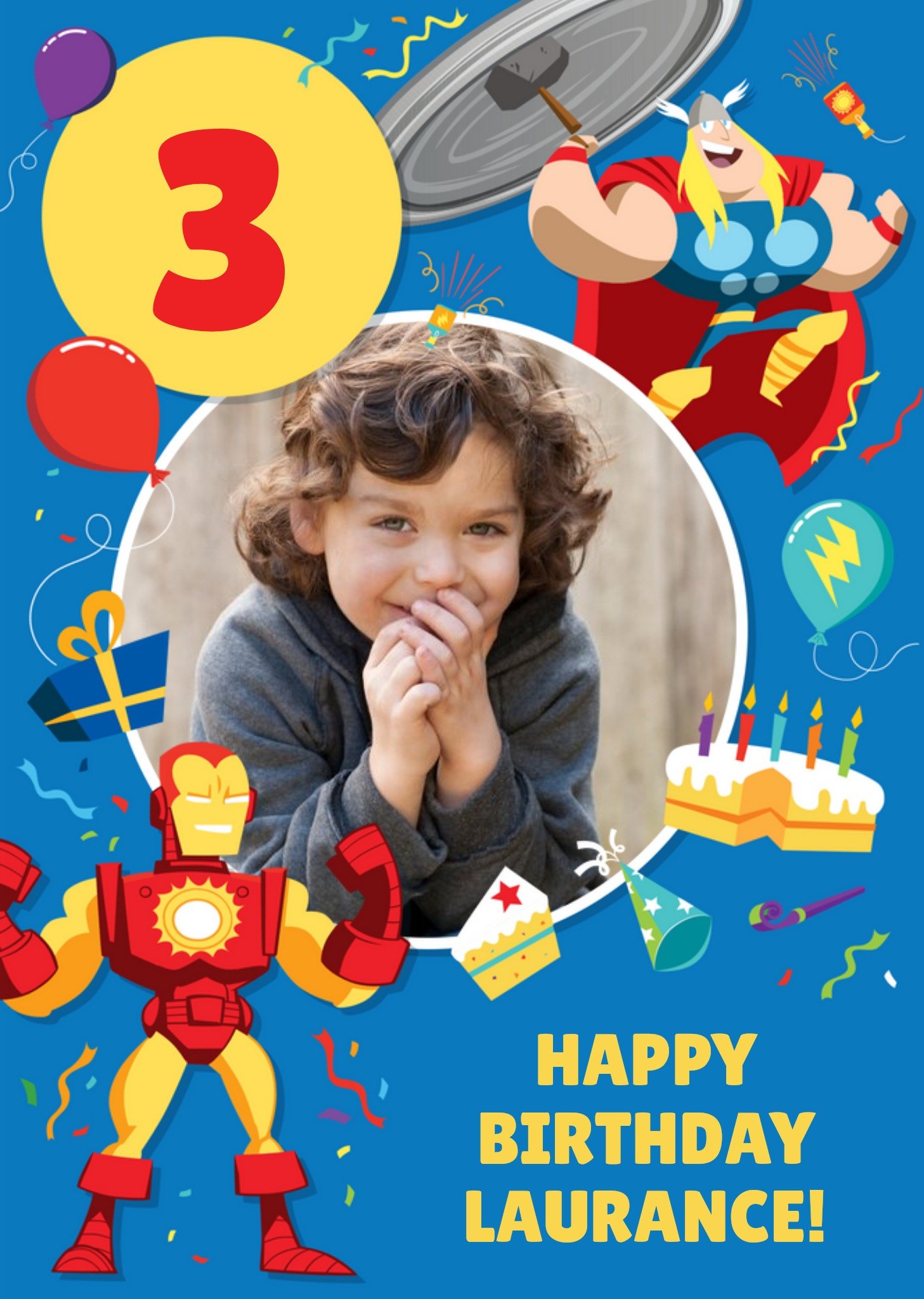 Disney Marvel Comics Happy Birthday Thor And Iron Man Photo Upload Card, Large