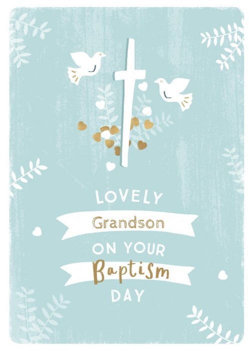 Cute Illustrated Doves Lovely Grandson Baptism Card