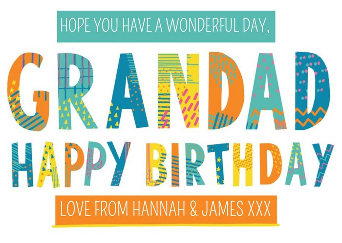 Bright Patterned Letters Grandad Happy Birthday Card