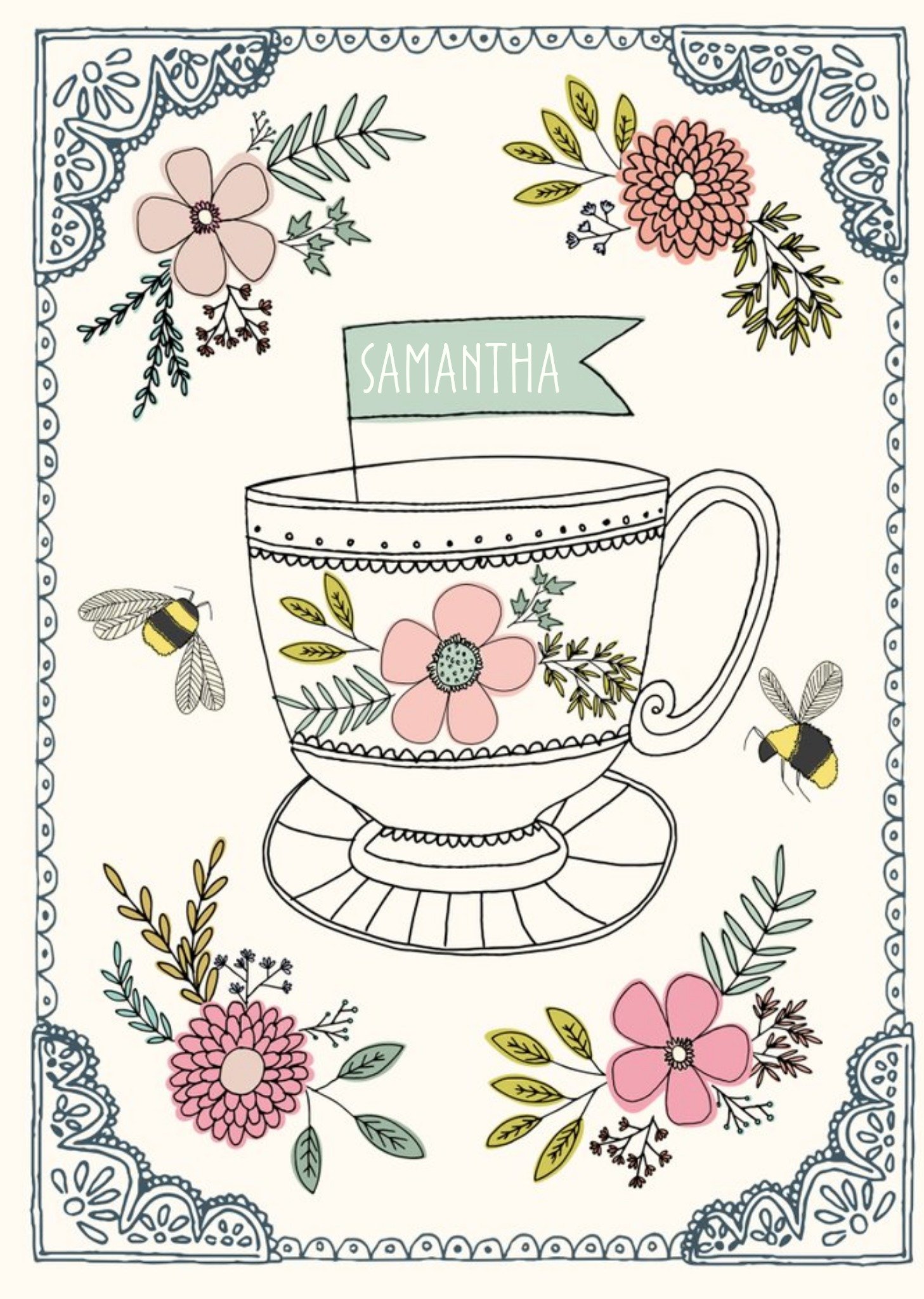 Moonpig Vintage Flowers And Teacup Personalised Name Card, Large