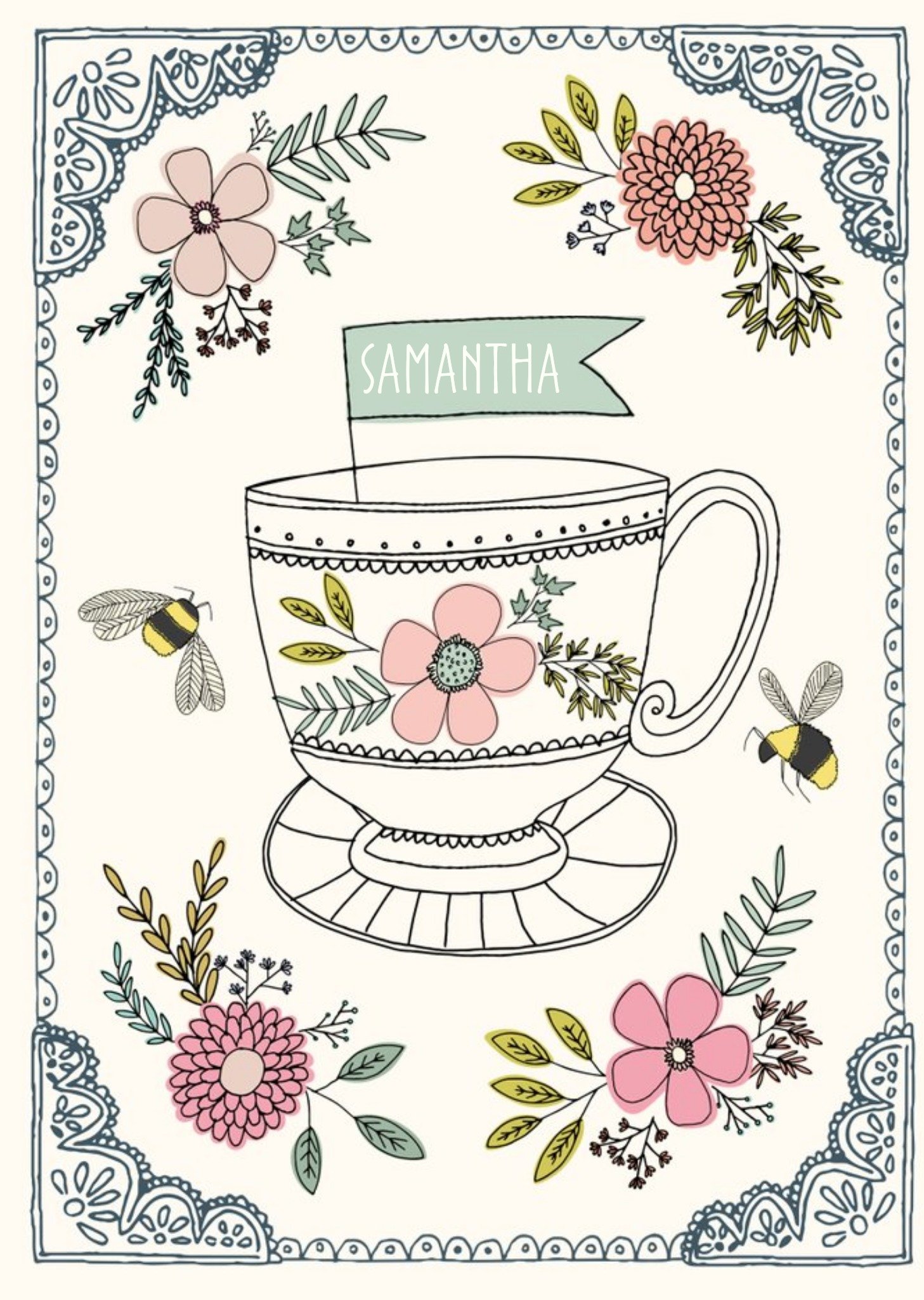 Vintage Flowers And Teacup Personalised Name Card Ecard