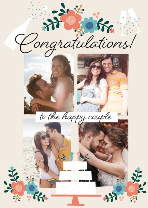 Typographic Floral Design Congratulations To The Happy Couple Wedding Photo Upload Card