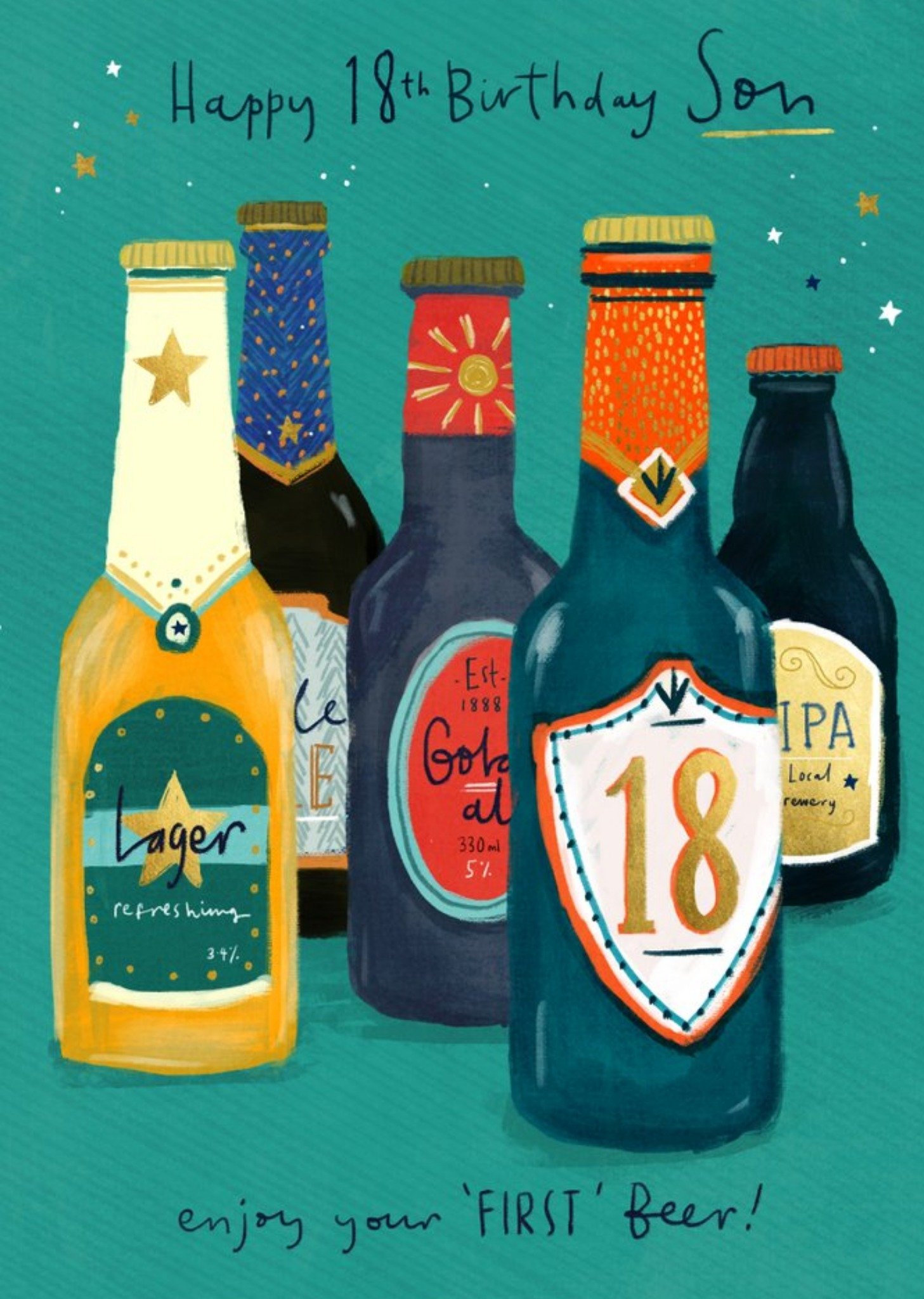 Moonpig Illustration Bottles Happy 18th Birthday Son Enjoy Your First Beer, Large Card
