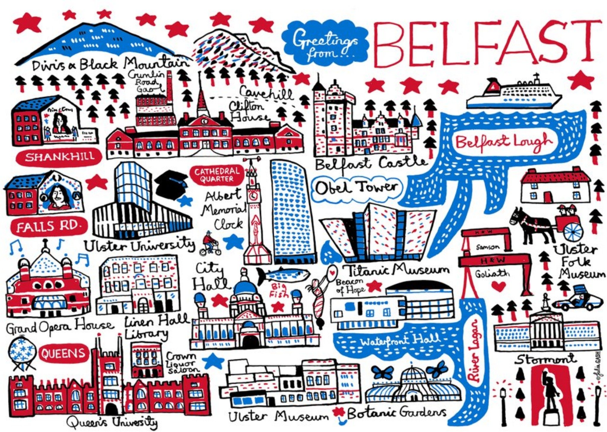 Vibrant Collage Illustration Of Famous Belfast Landmarks Greetings From Belfast Card Ecard