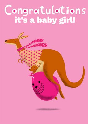 Pink Illustrated Kangaroo and Joey Baby Girl Congratulations Card