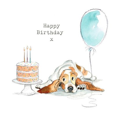 Illustration Of A Cute Dog With A Cake And A Balloon Birthday Card