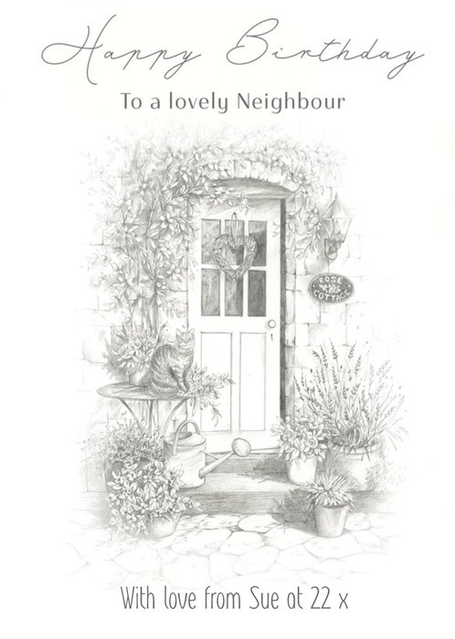 Clintons Illustration Of A Quaint Front Door Happy Birthday To A Lovely Neighbour Card 