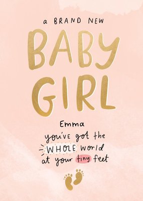 Handwritten Typography With Baby Footprints On A Pink Background New Baby Girl Card