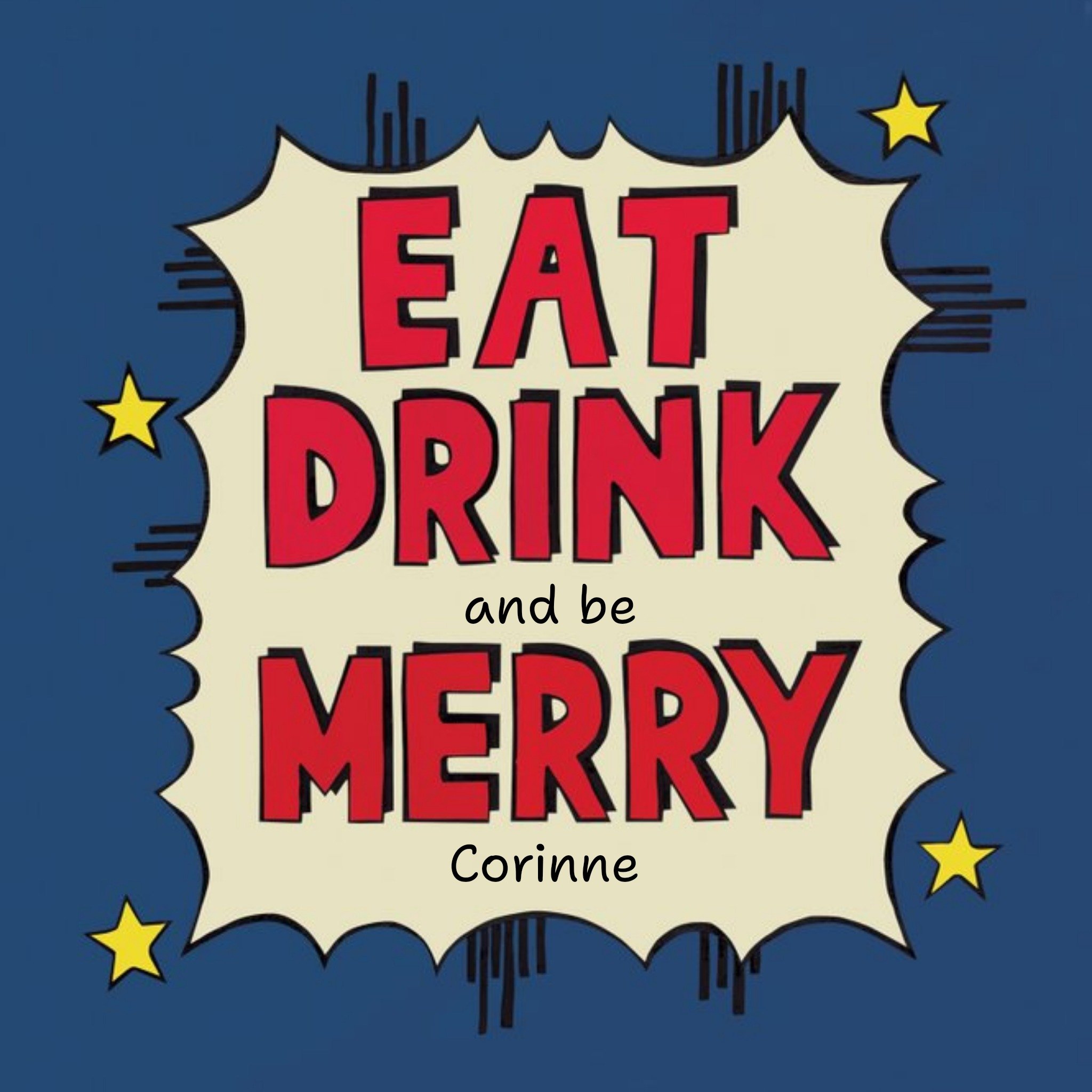 Comic Book Style East Drink And Be Merry Personalised Christmas Card, Square