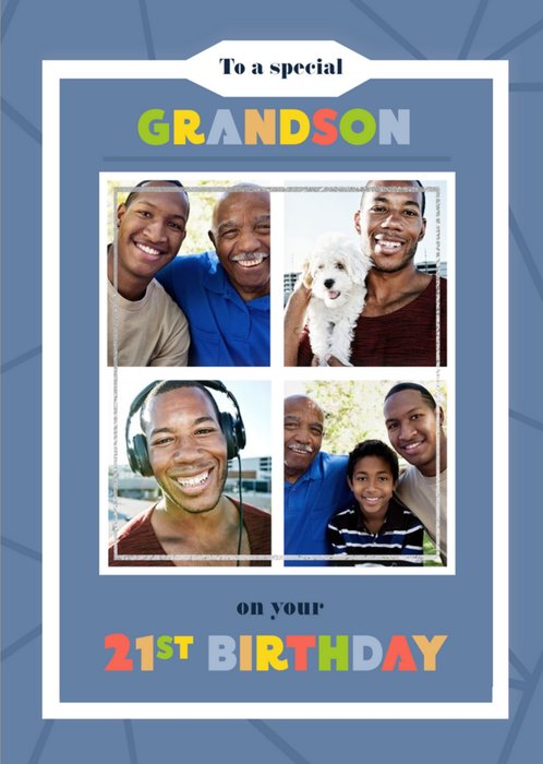 Special Grandson 21st Birthday Blue Photo Upload Card