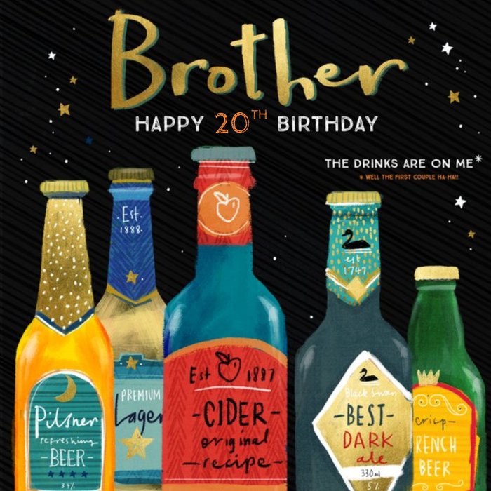 Bottles of Beer Illustration The Drinks Are On Me Funny Birthday Card