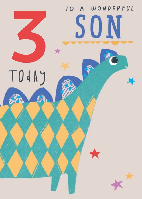 Bright fun Illustration Of A Dinosaur To A Wonderful Son 3rd Birthday Card