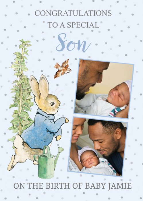 Peter Rabbit Congratulations To A Special Son Photo Upload New Baby Card