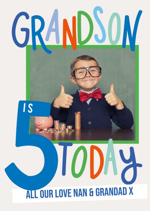 Colourful And Fun Typography Grandson's Fifth Photo Upload Birthday Card