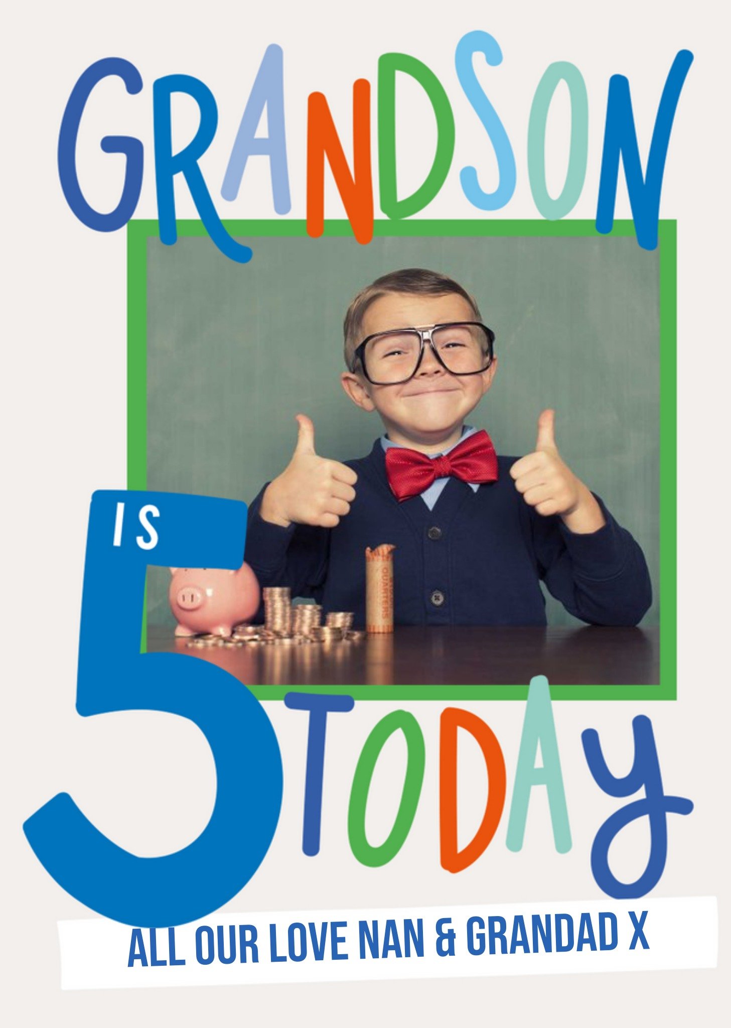 Moonpig Colourful And Fun Typography Grandson's Fifth Photo Upload Birthday Card, Large