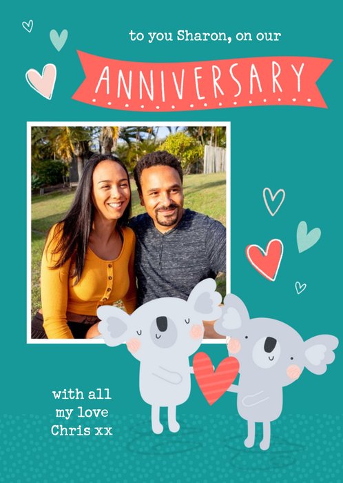 Illustration Of A Couple Of Koalas Holding A Love Heart Anniversary Photo Upload Card