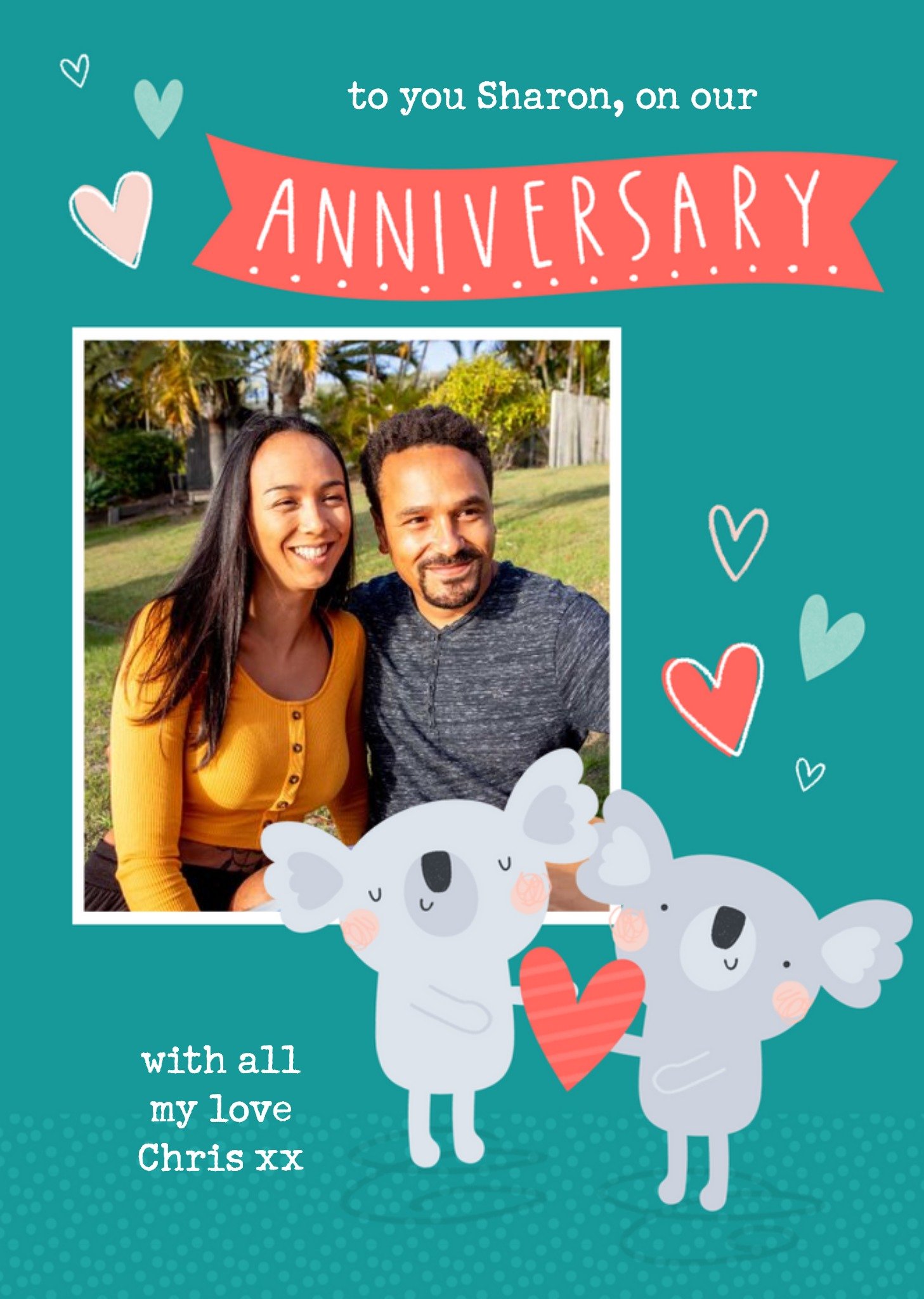 Moonpig Illustration Of A Couple Of Koalas Holding A Love Heart Anniversary Photo Upload Card, Large