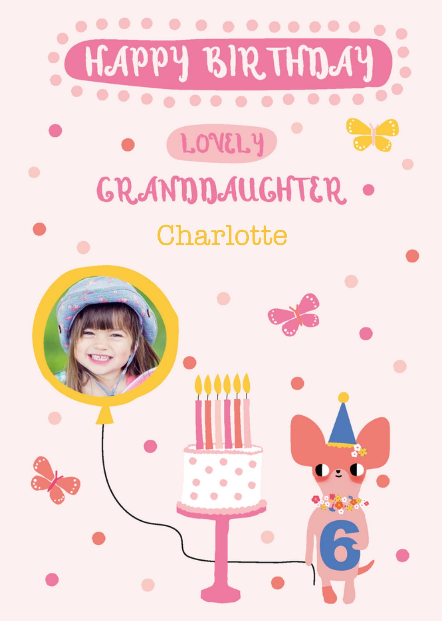 Moonpig Pink Dog Sixth Birthday Granddaughter Photo Upload Card, Large
