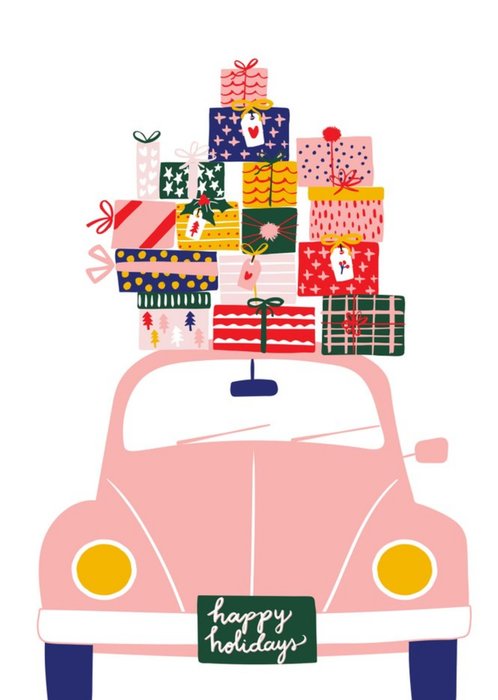 Modern Illustrated Present Filled Beetle Car Happy Holidays Christmas Card
