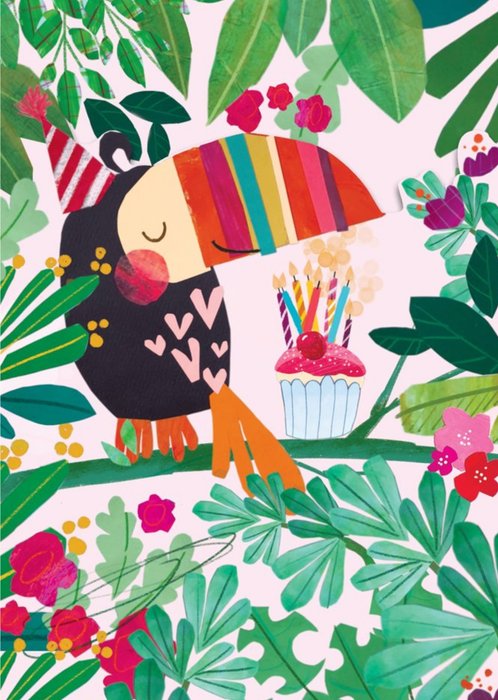 Toucan In Jungle With Cupcake Illustration Birthday Card