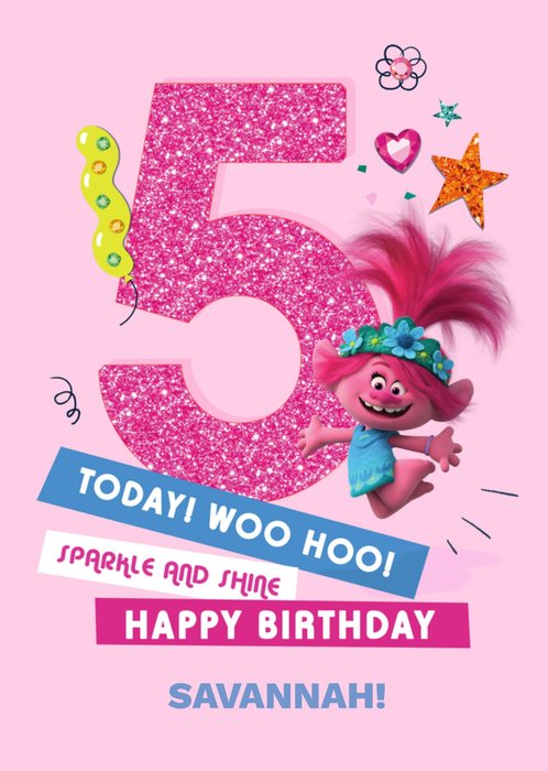 Trolls 5 Today Princess Poppy Pink Glitter Birthday Card