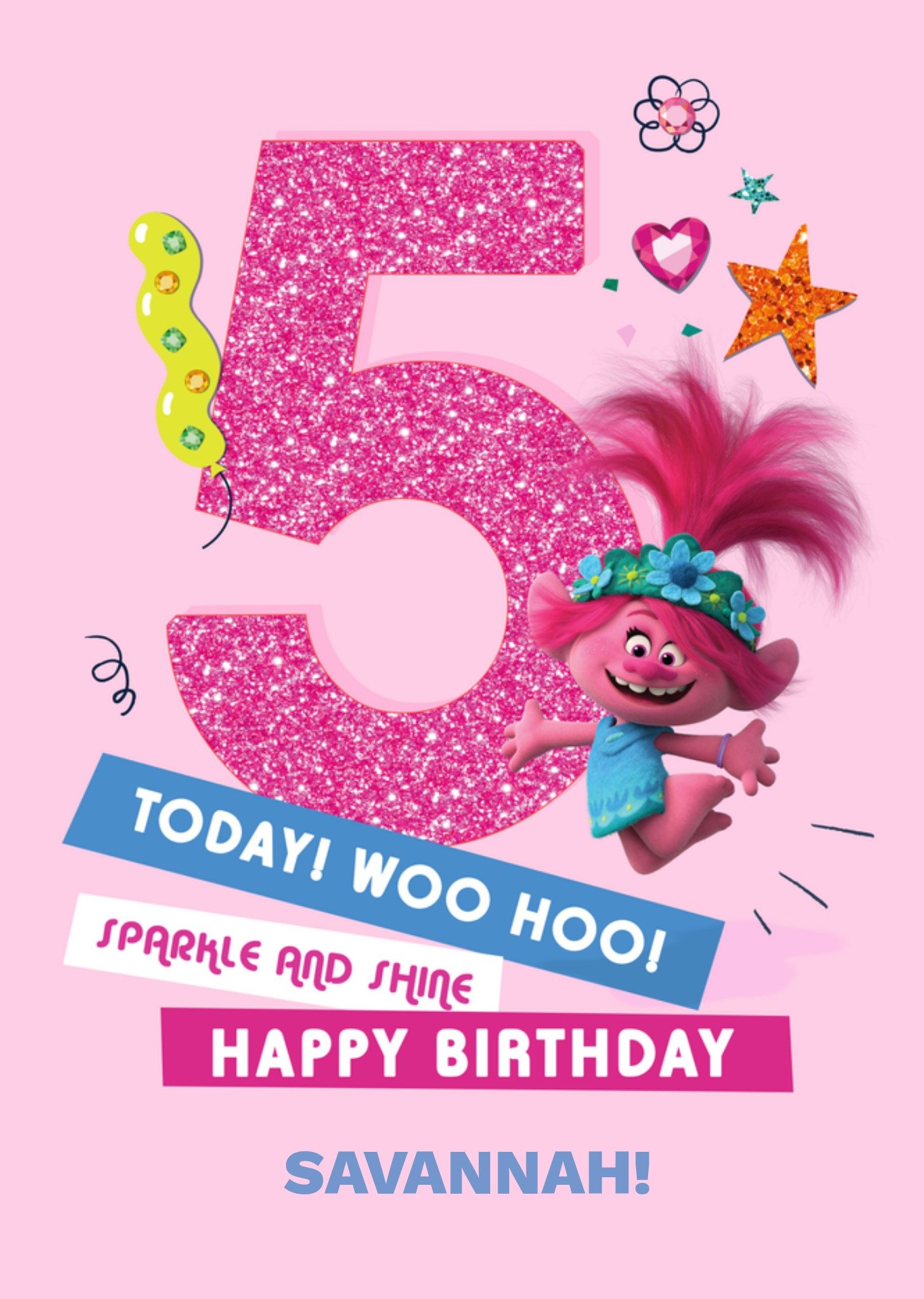 Trolls 5 Today Princess Poppy Pink Glitter Birthday Card, Large