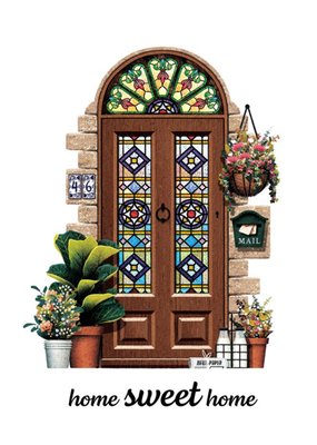 Illustrated Ornate House Front Door with Stained Glass Home Sweet Home. 