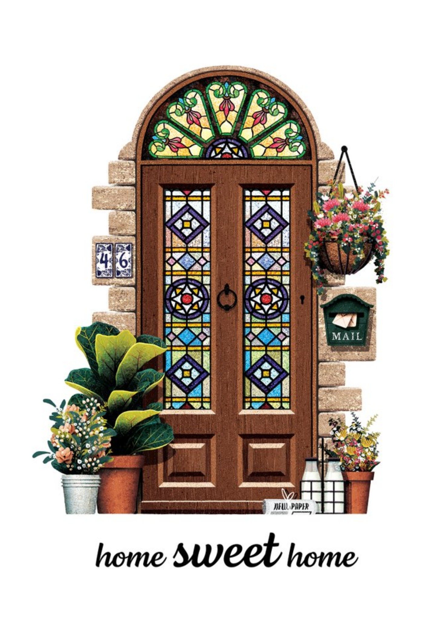 Friends Illustrated Ornate House Front Door With Stained Glass Home Sweet Home. , Large Card