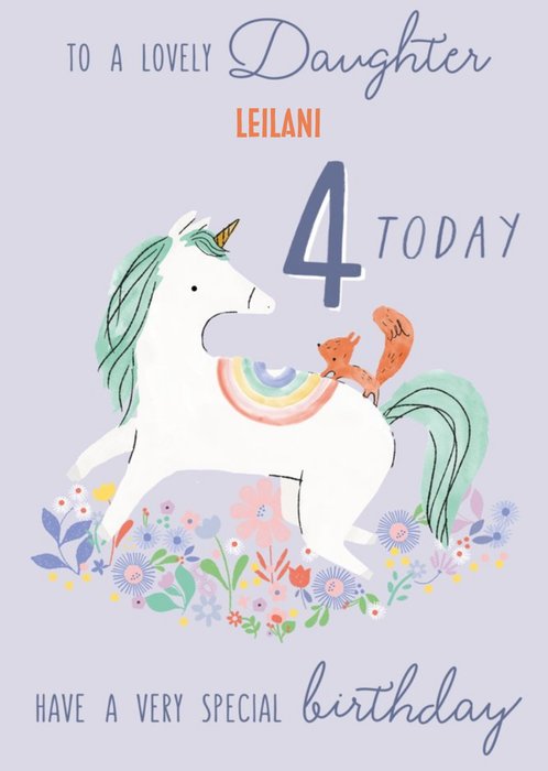 Cute Illustrative Unicorn and Squirrel Daughter Birthday Card  
