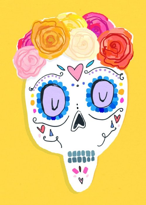 Illustrated Rose Crown And Mexican Skull Card