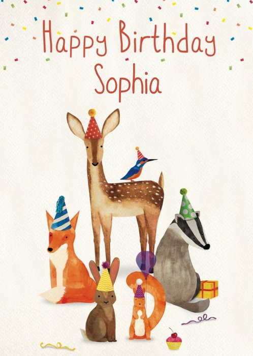 Illustration Woodland Animals Wearing Party Hats Birthday Card