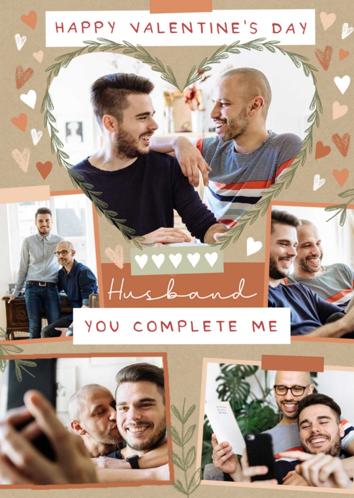 Five Photo Frames Surrounded By Hearts And Foliage Husband's Photo Upload Valentine's Day Card Ecard