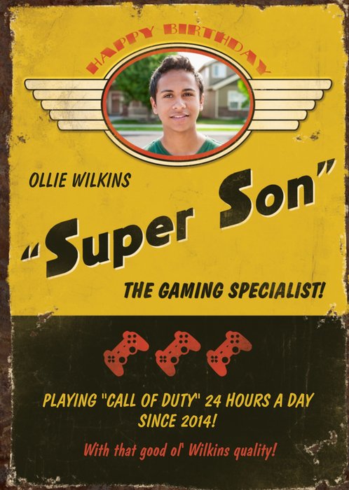 Retro Super Son Gaming Specialist Photo Upload Birthday Card