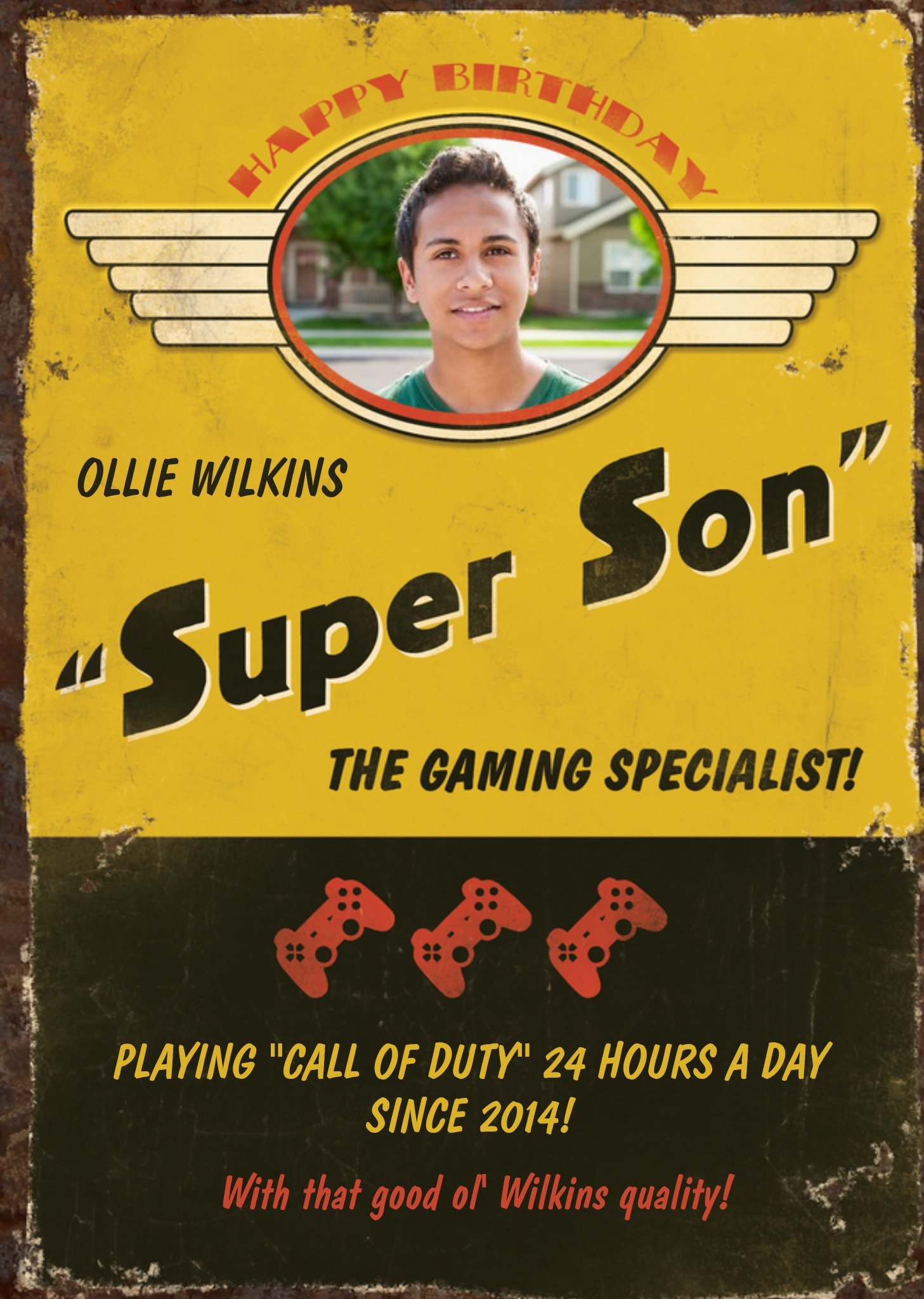 Retro Super Son Gaming Specialist Photo Upload Birthday Card Ecard