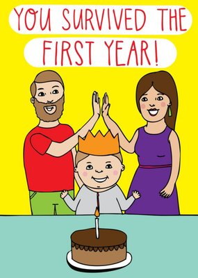 Funny Illustration Of A Couple Celebrating You Survived The First Year Birthday Card