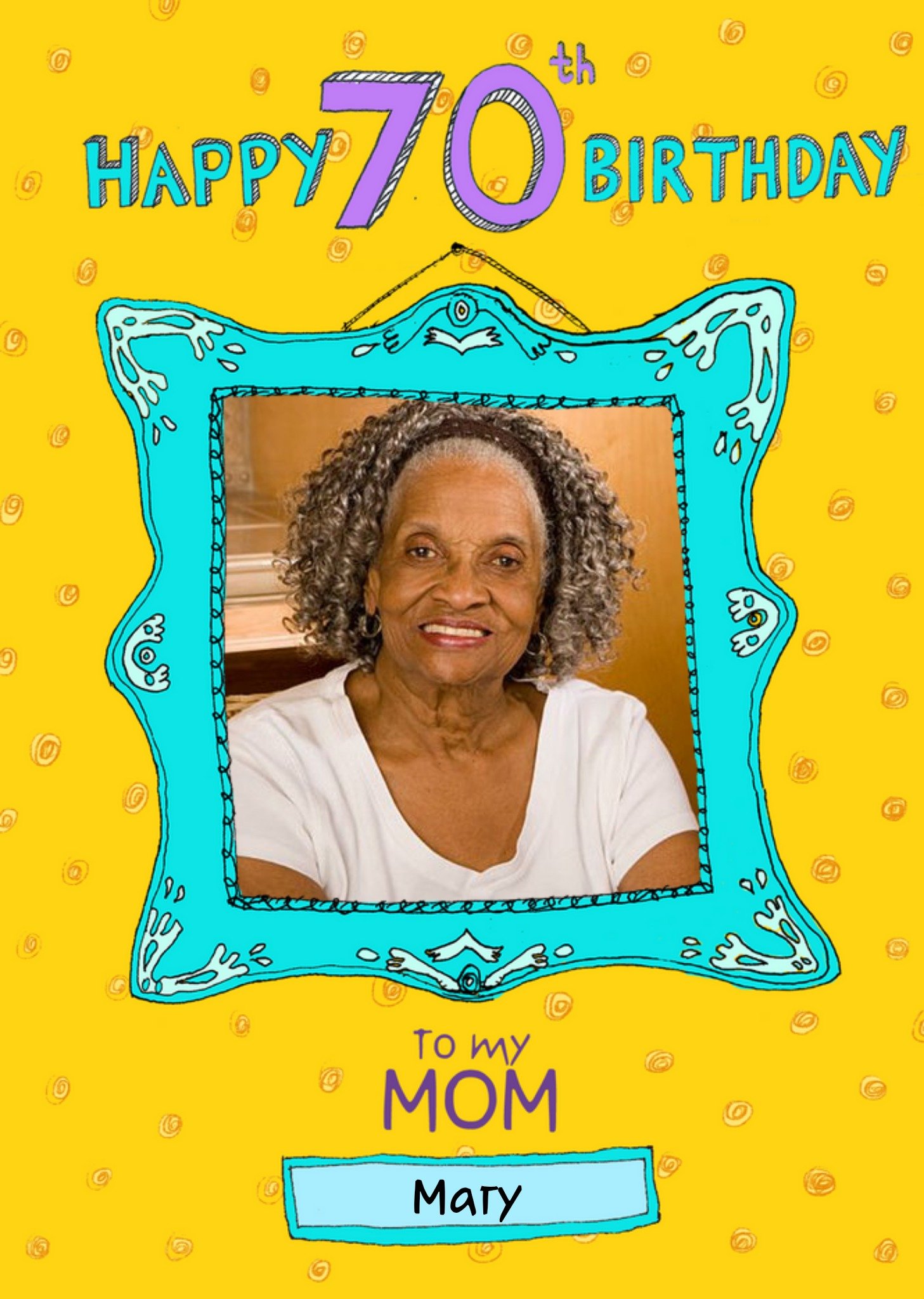 Moonpig Photo Upload Illustrated Funky Frame Mom 70th Birthday Card, Large