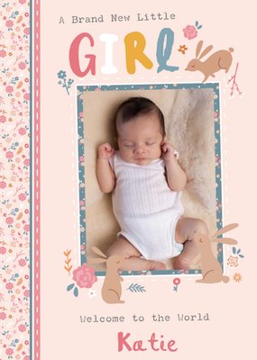 Illustrations Of Rabbits And Flowers Welcome To The World Photo Upload New Baby Card