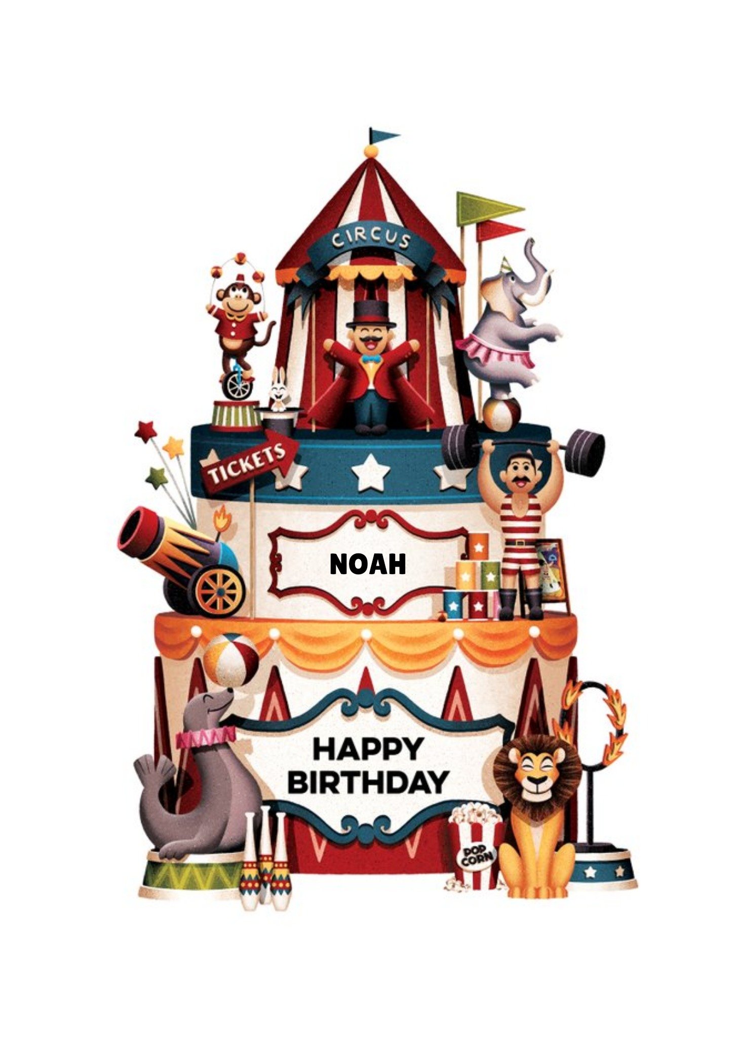 Moonpig Illustration Of A Giant Circus Cake Surrounded By Various Circus Acts Personalised Birthday 