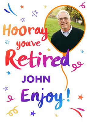 Colourful Typography Surrounded By Stars Retirement Photo Upload Card