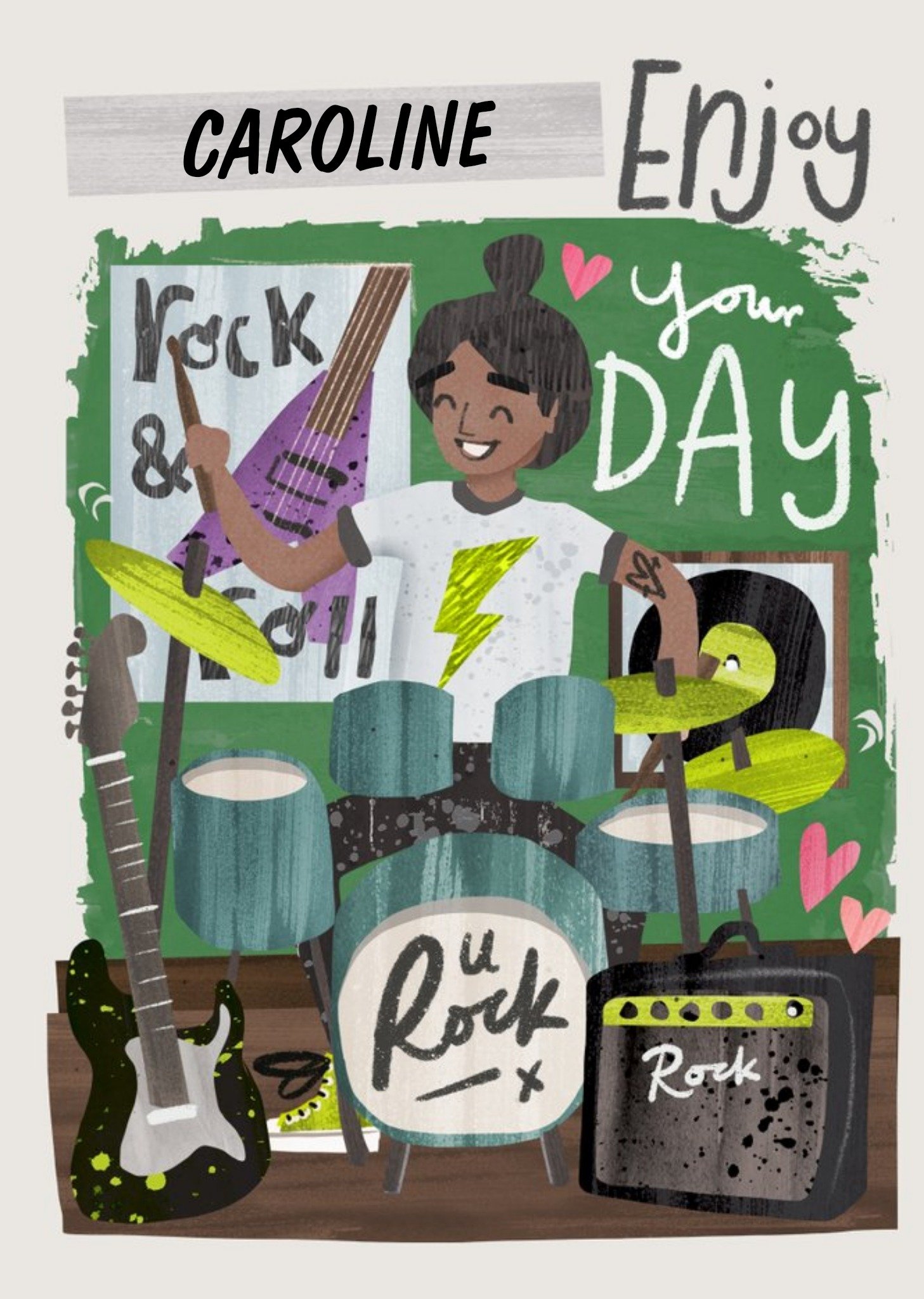 Illustration Of A Girl Playing The Drums. Enjoy Your Day, U Rock Birthday Card Ecard