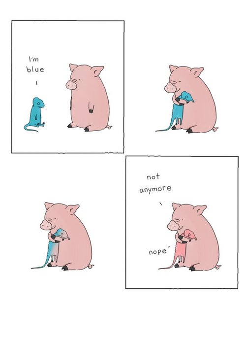 Modern Cute Illustration Pig And Chameleon Feeling Blue Big Hug Thinking Of You Card